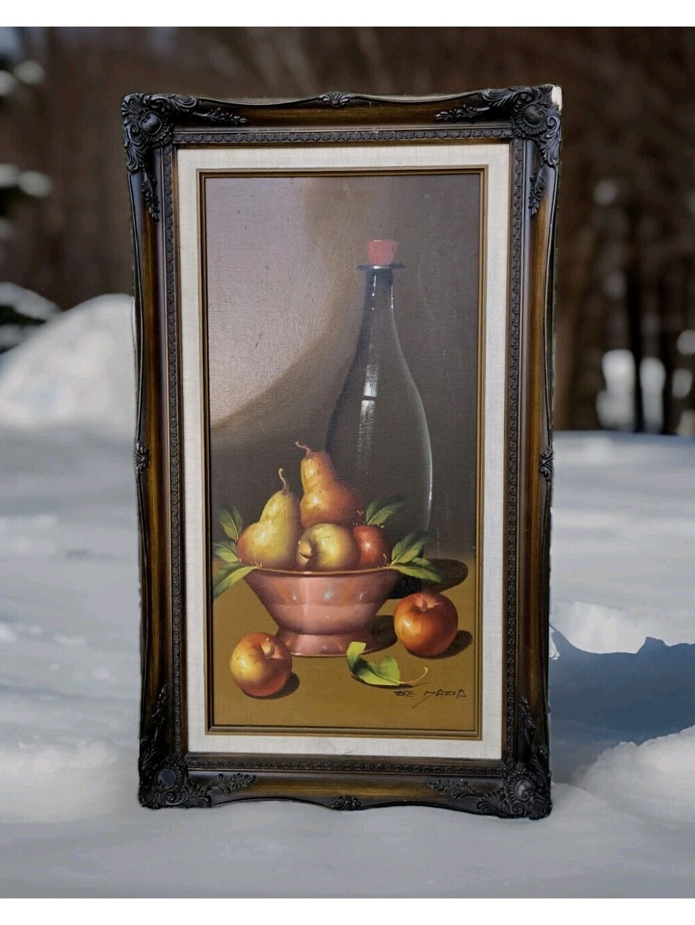 Vintage Oil Painting Still Life Fruit, Wine Copper Bowl Framed Brown Background